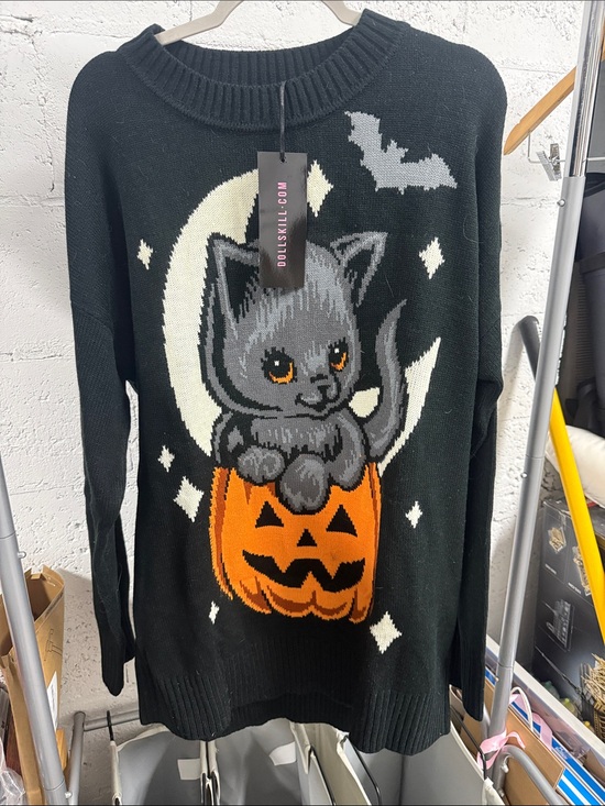Dolls Kill Sweaters - Black Halloween Kitty Pumpkin Sweater NWT - XL - Cute Cat Sweatshirt